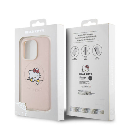iPhone 15 Pro Kılıf Hello Kitty Orjinal Lisanslı M-safe Şarj Özellikli Baskı Logolu Uyuyan Kitty Deri Kılıf