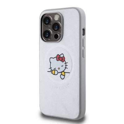 Apple iPhone 15 Pro Kılıf Hello Kitty Orjinal Lisanslı Magsafe Şarj Özellikli Baskı Logolu Uyuyan Kitty Deri Kapak Gümüş