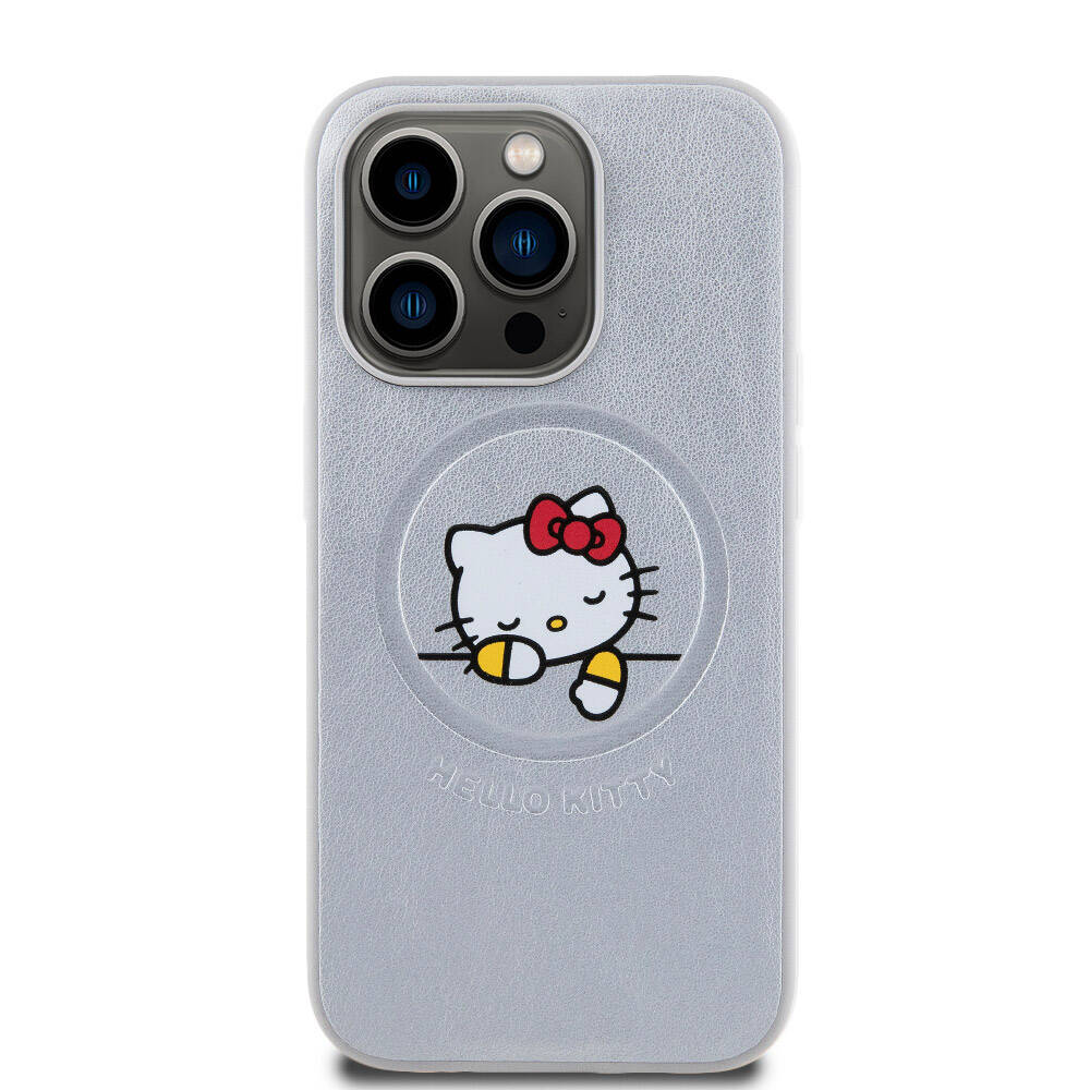 Apple iPhone 15 Pro Kılıf Hello Kitty Orjinal Lisanslı Magsafe Şarj Özellikli Baskı Logolu Uyuyan Kitty Deri Kapak Pembe