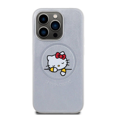 Apple iPhone 15 Pro Kılıf Hello Kitty Orjinal Lisanslı Magsafe Şarj Özellikli Baskı Logolu Uyuyan Kitty Deri Kapak Pembe