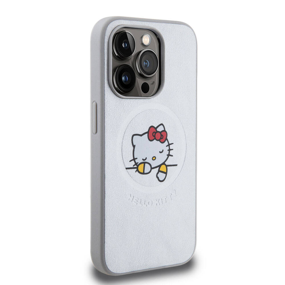 Apple iPhone 15 Pro Kılıf Hello Kitty Orjinal Lisanslı Magsafe Şarj Özellikli Baskı Logolu Uyuyan Kitty Deri Kapak Pembe