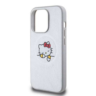 Apple iPhone 15 Pro Kılıf Hello Kitty Orjinal Lisanslı Magsafe Şarj Özellikli Baskı Logolu Uyuyan Kitty Deri Kapak Gümüş