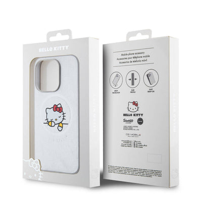 Apple iPhone 15 Pro Kılıf Hello Kitty Orjinal Lisanslı Magsafe Şarj Özellikli Baskı Logolu Uyuyan Kitty Deri Kapak Gümüş