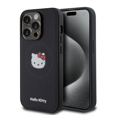 Apple iPhone 15 Pro Kılıf Hello Kitty Orjinal Lisanslı Magsafe Şarj Özellikli Kitty Head Deri Kapak Siyah