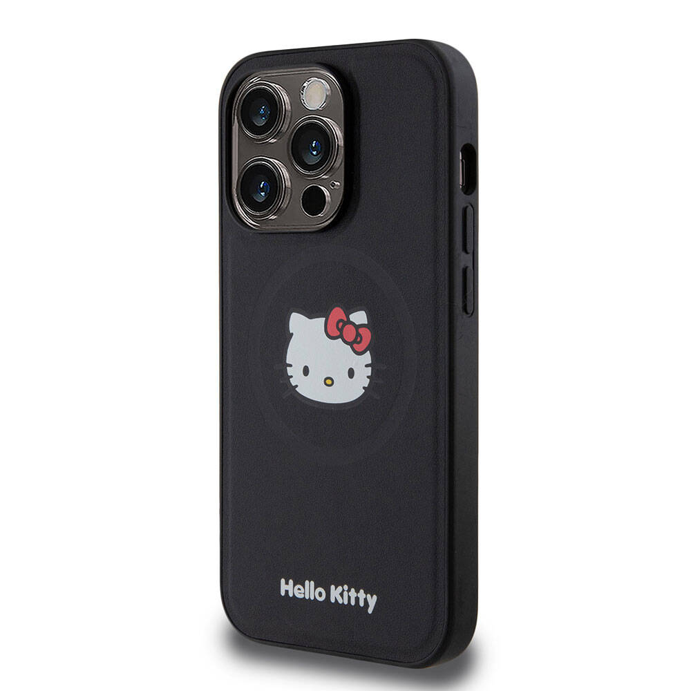 Apple iPhone 15 Pro Kılıf Hello Kitty Orjinal Lisanslı Magsafe Şarj Özellikli Kitty Head Deri Kapak Siyah