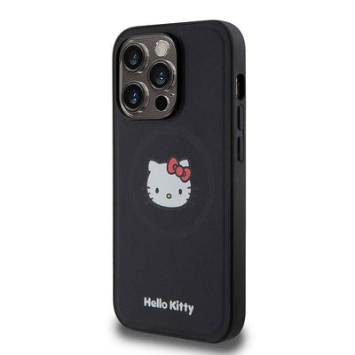 Apple iPhone 15 Pro Kılıf Hello Kitty Orjinal Lisanslı Magsafe Şarj Özellikli Kitty Head Deri Kapak Siyah