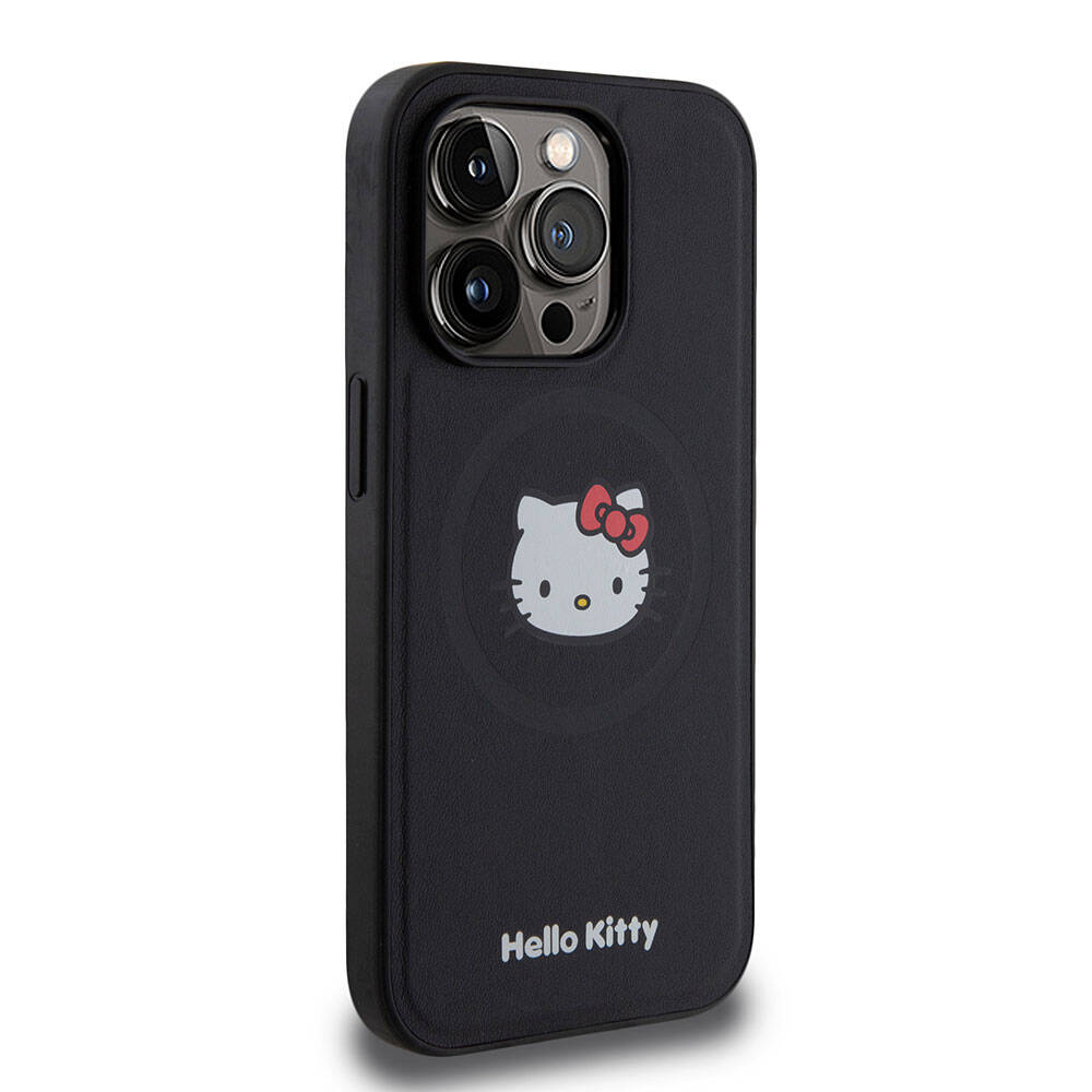 Apple iPhone 15 Pro Kılıf Hello Kitty Orjinal Lisanslı Magsafe Şarj Özellikli Kitty Head Deri Kapak Gold