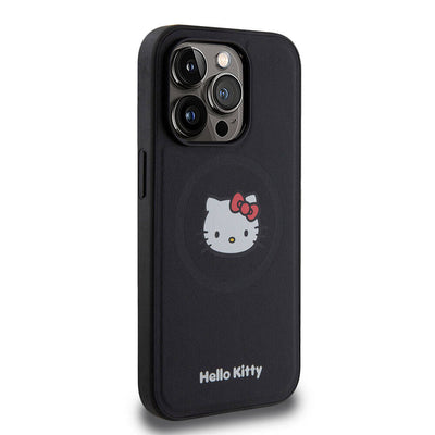 Apple iPhone 15 Pro Kılıf Hello Kitty Orjinal Lisanslı Magsafe Şarj Özellikli Kitty Head Deri Kapak Siyah