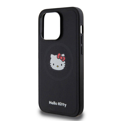 Apple iPhone 15 Pro Kılıf Hello Kitty Orjinal Lisanslı Magsafe Şarj Özellikli Kitty Head Deri Kapak Siyah
