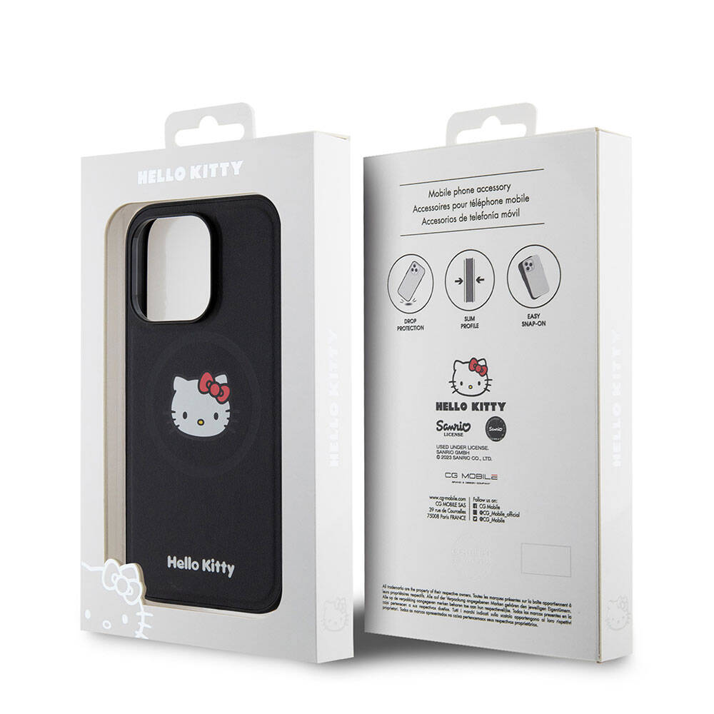 Apple iPhone 15 Pro Kılıf Hello Kitty Orjinal Lisanslı Magsafe Şarj Özellikli Kitty Head Deri Kapak Siyah