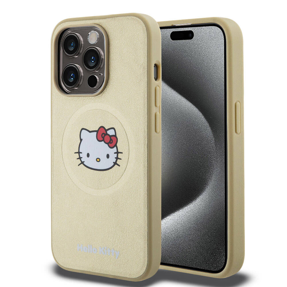 Apple iPhone 15 Pro Kılıf Hello Kitty Orjinal Lisanslı Magsafe Şarj Özellikli Kitty Head Deri Kapak Siyah