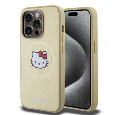 Apple iPhone 15 Pro Kılıf Hello Kitty Orjinal Lisanslı Magsafe Şarj Özellikli Kitty Head Deri Kapak Siyah