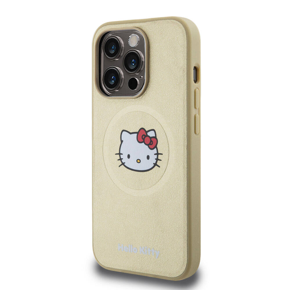 Apple iPhone 15 Pro Kılıf Hello Kitty Orjinal Lisanslı Magsafe Şarj Özellikli Kitty Head Deri Kapak Siyah