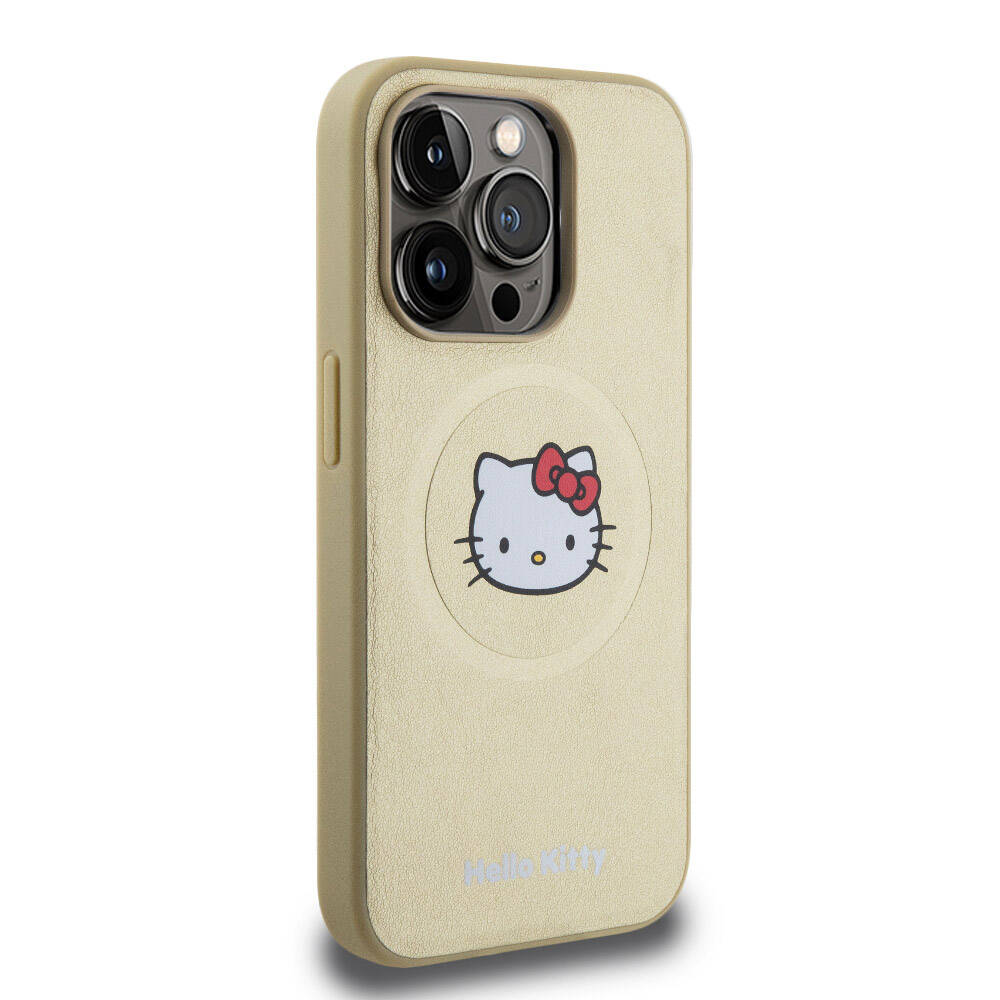 Apple iPhone 15 Pro Kılıf Hello Kitty Orjinal Lisanslı Magsafe Şarj Özellikli Kitty Head Deri Kapak Siyah