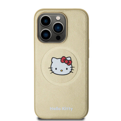 Apple iPhone 15 Pro Kılıf Hello Kitty Orjinal Lisanslı Magsafe Şarj Özellikli Kitty Head Deri Kapak Gold