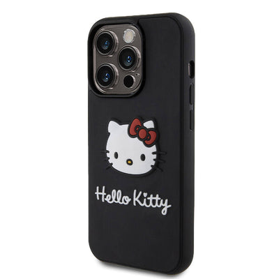 Apple iPhone 15 Pro Kılıf Hello Kitty Orjinal Lisanslı Yazı ve İkonik Logolu 3D Rubber Kitty Head Kapak Siyah