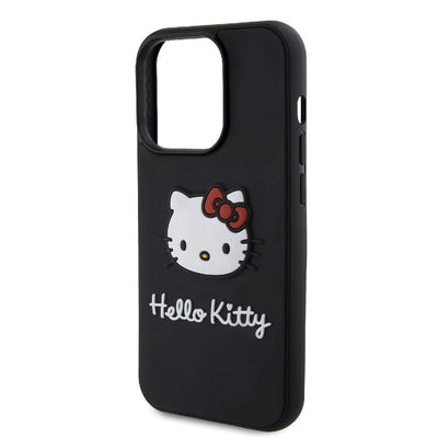 Apple iPhone 15 Pro Kılıf Hello Kitty Orjinal Lisanslı Yazı ve İkonik Logolu 3D Rubber Kitty Head Kapak Siyah