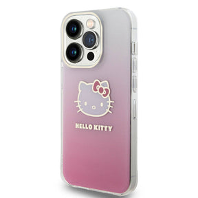 Apple iPhone 15 Pro Kılıf Hello Kitty Orjinal Lisanslı Yazı ve İkonik Logolu Elektroplating Kaplama Gradyan Kapak