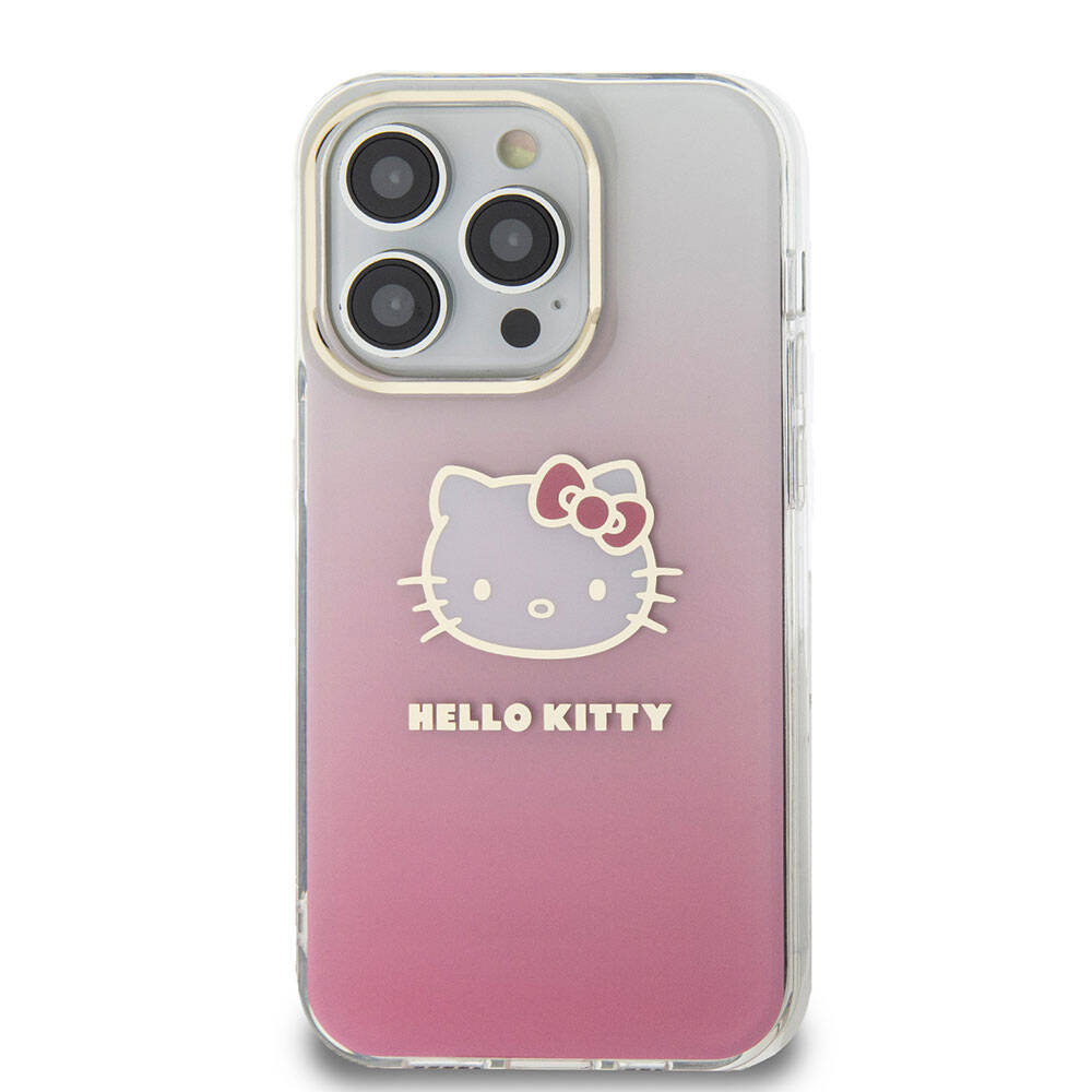 Apple iPhone 15 Pro Kılıf Hello Kitty Orjinal Lisanslı Yazı ve İkonik Logolu Elektroplating Kaplama Gradyan Kapak