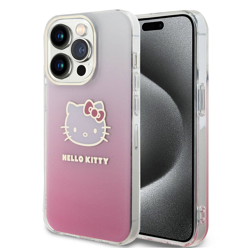 Apple iPhone 15 Pro Kılıf Hello Kitty Orjinal Lisanslı Yazı ve İkonik Logolu Elektroplating Kaplama Gradyan Kapak