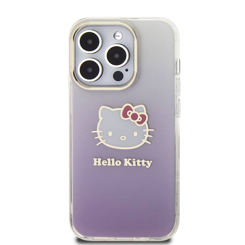 Apple iPhone 15 Pro Max Kılıf Hello Kitty Orjinal Lisanslı Yazı ve İkonik Logolu Elektroplating Kaplama Gradyan Kapak