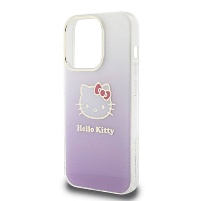 Apple iPhone 15 Pro Kılıf Hello Kitty Orjinal Lisanslı Yazı ve İkonik Logolu Elektroplating Kaplama Gradyan Kapak Pembe