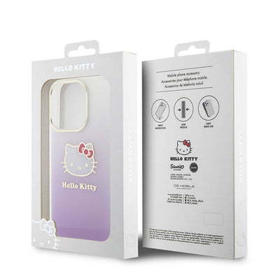 Apple iPhone 15 Pro Kılıf Hello Kitty Orjinal Lisanslı Yazı ve İkonik Logolu Elektroplating Kaplama Gradyan Kapak Pembe