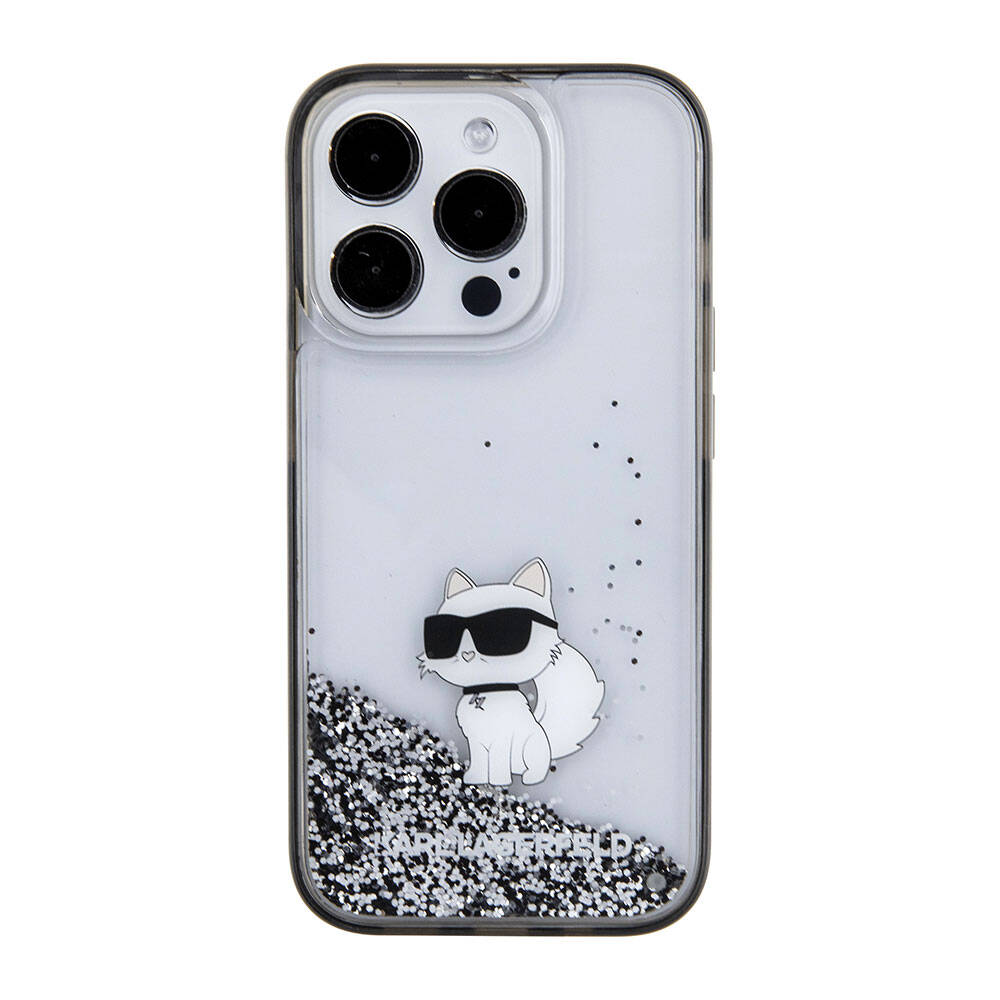 Apple iPhone 15 Pro Max Kılıf Karl Lagerfeld Choupette Sıvılı Glitter Orjinal Lisanslı Kapak