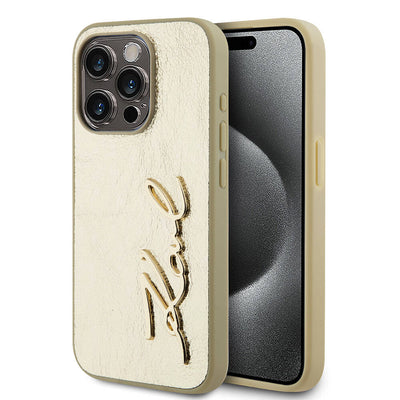 Apple iPhone 15 Pro Kılıf Karl Lagerfeld Orjinal Lisanslı 3D KL Yazılı Tüylü Arka Yüzey Saffiano Rhinestones Kapak Pembe