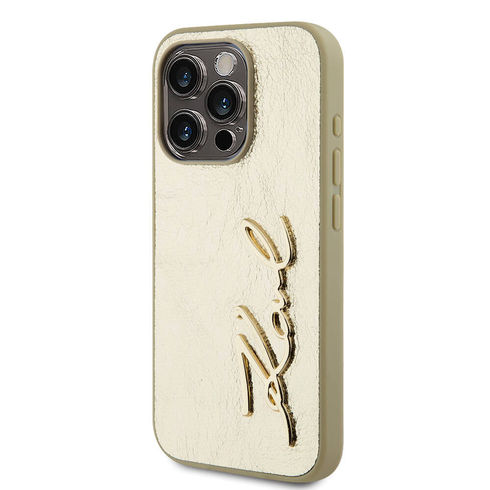 Apple iPhone 15 Pro Kılıf Karl Lagerfeld Orjinal Lisanslı 3D KL Yazılı Tüylü Arka Yüzey Saffiano Rhinestones Kapak Pembe