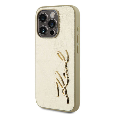 Apple iPhone 15 Pro Kılıf Karl Lagerfeld Orjinal Lisanslı 3D KL Yazılı Tüylü Arka Yüzey Saffiano Rhinestones Kapak Pembe