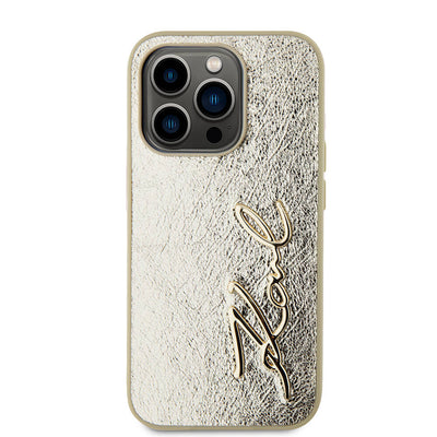 Apple iPhone 15 Pro Kılıf Karl Lagerfeld Orjinal Lisanslı 3D KL Yazılı Tüylü Arka Yüzey Saffiano Rhinestones Kapak Pembe