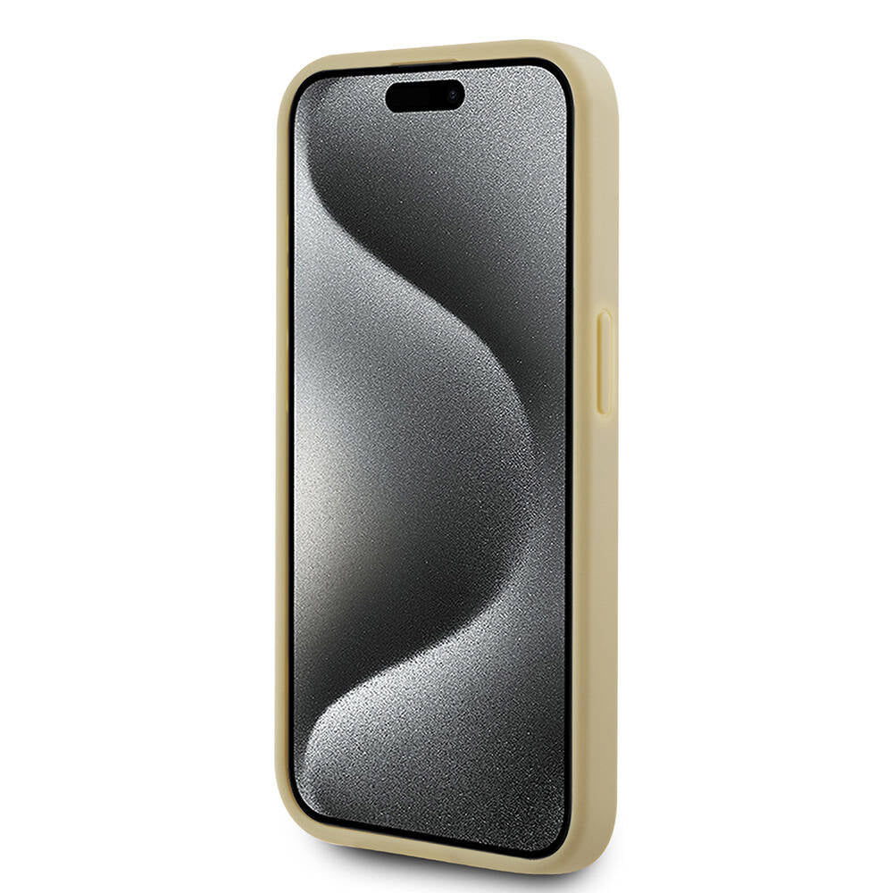 Apple iPhone 15 Pro Kılıf Karl Lagerfeld Orjinal Lisanslı 3D KL Yazılı Tüylü Arka Yüzey Saffiano Rhinestones Kapak Pembe