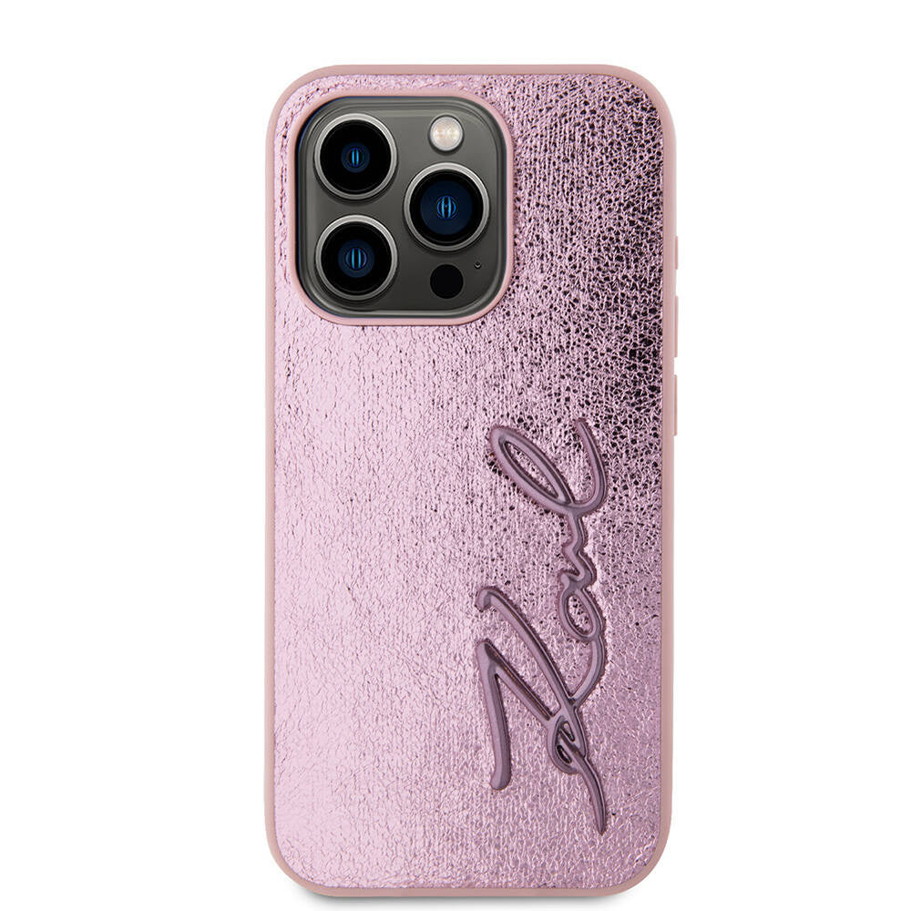 Apple iPhone 15 Pro Kılıf Karl Lagerfeld Orjinal Lisanslı 3D KL Yazılı Tüylü Arka Yüzey Saffiano Rhinestones Kapak Pembe