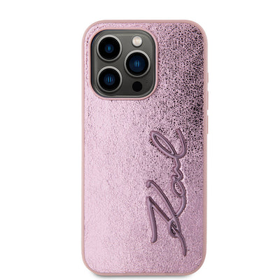 Apple iPhone 15 Pro Kılıf Karl Lagerfeld Orjinal Lisanslı 3D KL Yazılı Tüylü Arka Yüzey Saffiano Rhinestones Kapak Pembe