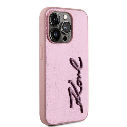iPhone 15 Pro Kılıf Karl Lagerfeld Orjinal Lisanslı 3D KL Yazılı Tüylü Arka Yüzey Saffiano Rhinestones Kılıf