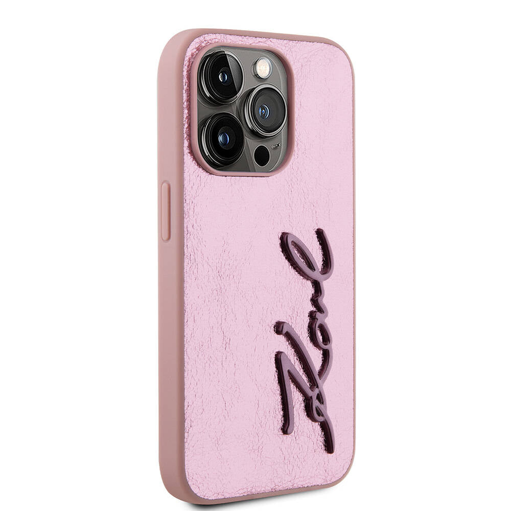 Apple iPhone 15 Pro Kılıf Karl Lagerfeld Orjinal Lisanslı 3D KL Yazılı Tüylü Arka Yüzey Saffiano Rhinestones Kapak Pembe