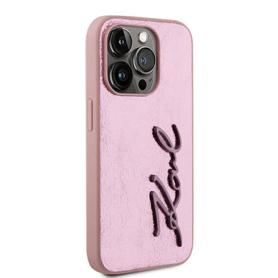 Apple iPhone 15 Pro Kılıf Karl Lagerfeld Orjinal Lisanslı 3D KL Yazılı Tüylü Arka Yüzey Saffiano Rhinestones Kapak Pembe