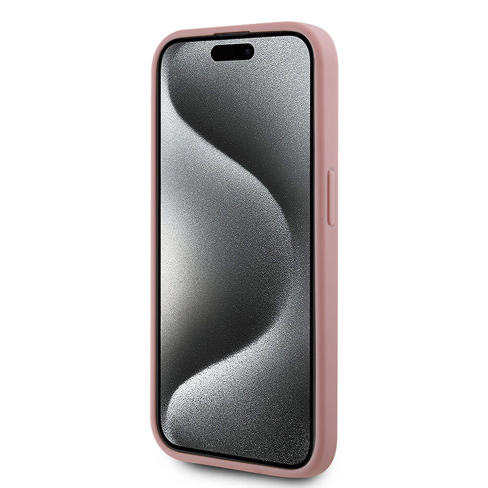 Apple iPhone 15 Pro Kılıf Karl Lagerfeld Orjinal Lisanslı 3D KL Yazılı Tüylü Arka Yüzey Saffiano Rhinestones Kapak Pembe