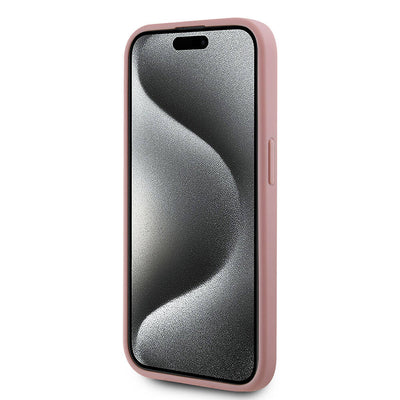 Apple iPhone 15 Pro Kılıf Karl Lagerfeld Orjinal Lisanslı 3D KL Yazılı Tüylü Arka Yüzey Saffiano Rhinestones Kapak Pembe
