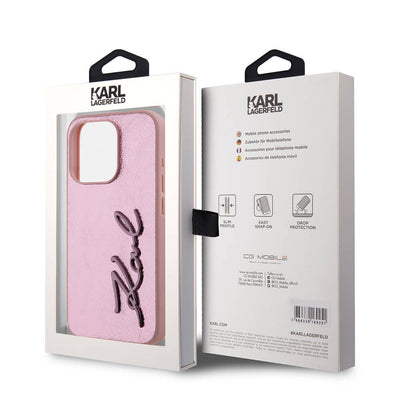 Apple iPhone 15 Pro Kılıf Karl Lagerfeld Orjinal Lisanslı 3D KL Yazılı Tüylü Arka Yüzey Saffiano Rhinestones Kapak Pembe