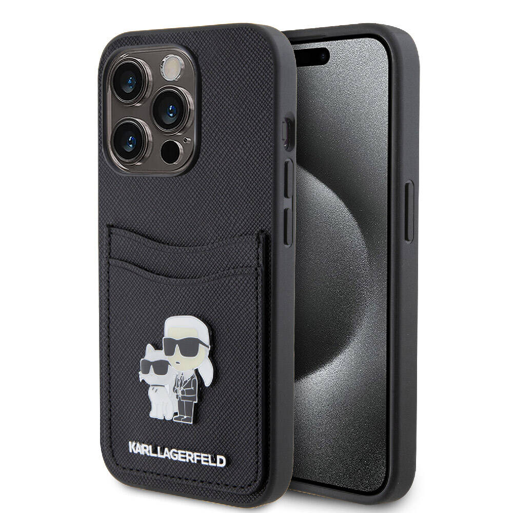 iPhone 15 Pro Kılıf Karl Lagerfeld Orjinal Lisanslı Metal Logo Kartlıklı Saffiano Kılıf