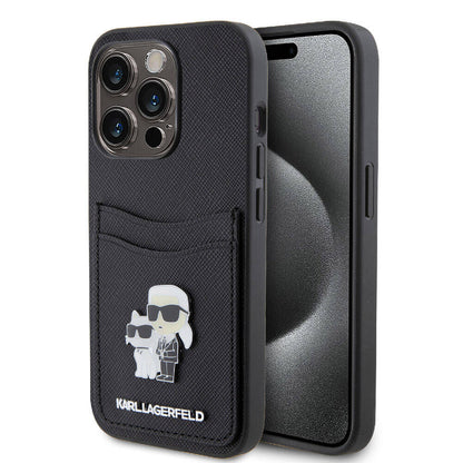 iPhone 15 Pro Kılıf Karl Lagerfeld Orjinal Lisanslı Metal Logo Kartlıklı Saffiano Kılıf