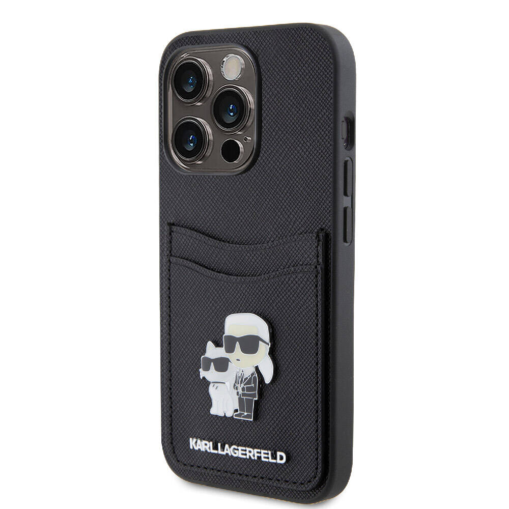 iPhone 15 Pro Kılıf Karl Lagerfeld Orjinal Lisanslı Metal Logo Kartlıklı Saffiano Kılıf
