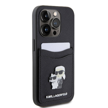 iPhone 15 Pro Kılıf Karl Lagerfeld Orjinal Lisanslı Metal Logo Kartlıklı Saffiano Kılıf