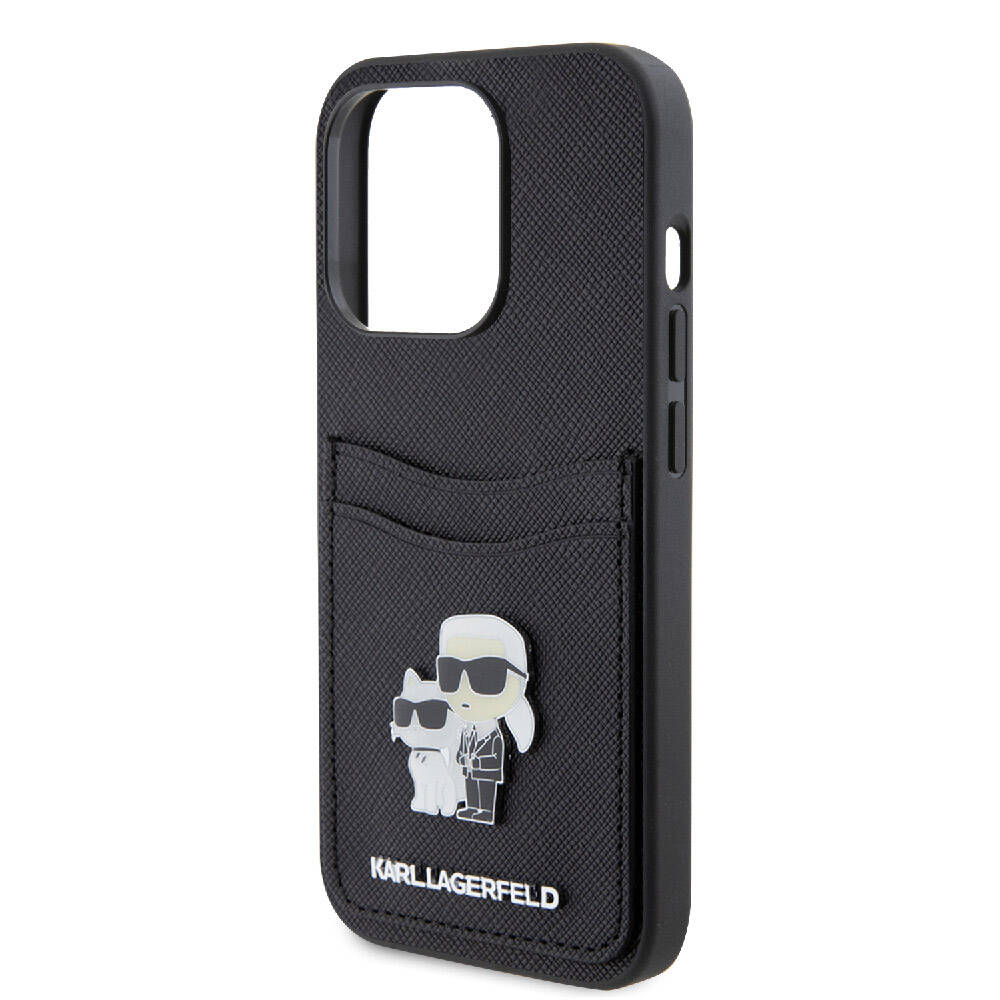 iPhone 15 Pro Kılıf Karl Lagerfeld Orjinal Lisanslı Metal Logo Kartlıklı Saffiano Kılıf