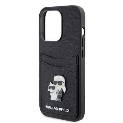 Apple iPhone 15 Pro Kılıf Karl Lagerfeld Orjinal Lisanslı Metal Logo Kartlıklı Saffiano Kapak Siyah