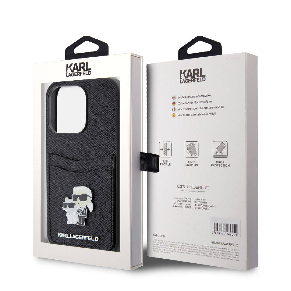 iPhone 15 Pro Kılıf Karl Lagerfeld Orjinal Lisanslı Metal Logo Kartlıklı Saffiano Kılıf
