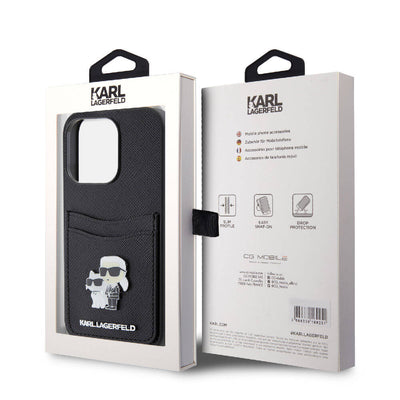 Apple iPhone 15 Pro Kılıf Karl Lagerfeld Orjinal Lisanslı Metal Logo Kartlıklı Saffiano Kapak Siyah