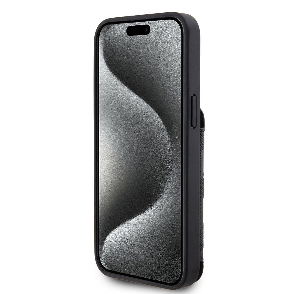 iPhone 15 Pro Kılıf Karl Lagerfeld Standlı Kartlıklı Saffiano Monogram İkonik Metal Logo Orjinal Lisanslı Kılıf